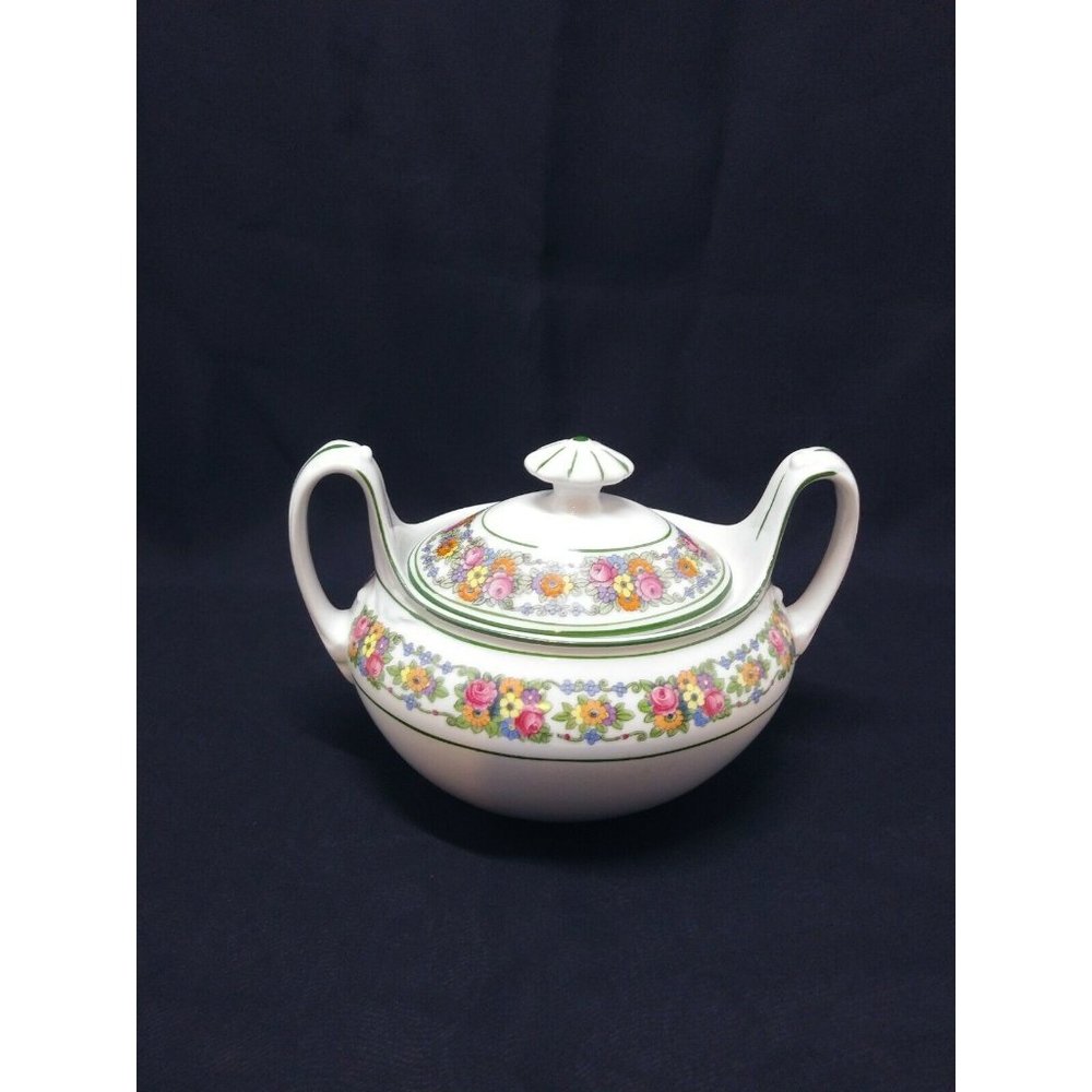 Beautiful Rose Red Green White Ceramic Sugar Bowl W/Holder Led F&W Mark Sign